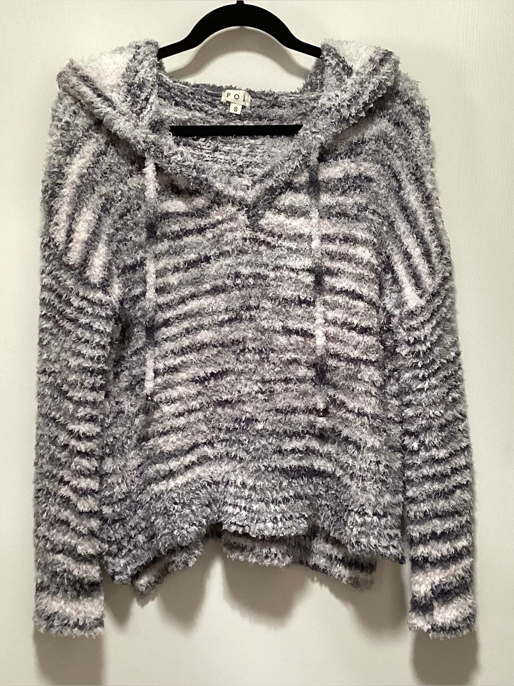 POL Cozy Striped Plush Hoodie Sweater - Blue & White